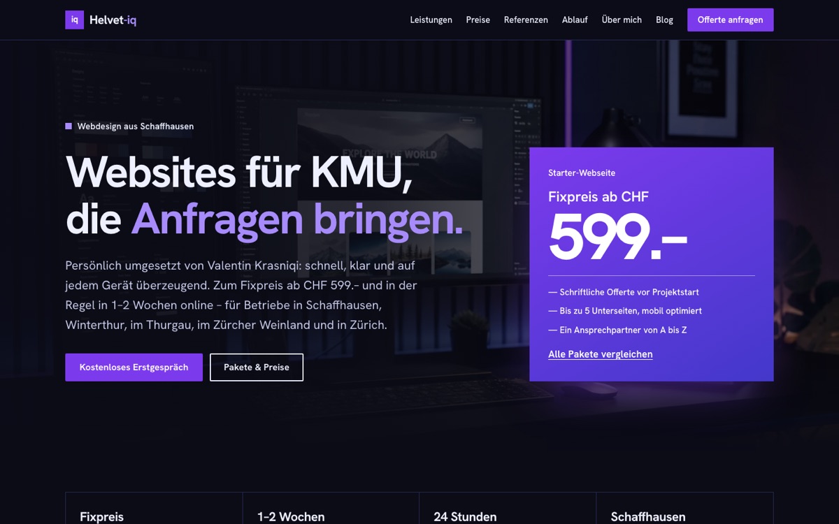 Startseite der neuen helvet-iq.ch mit Überschrift «Websites für KMU, die Anfragen bringen» und rotem Fixpreis-Plakat