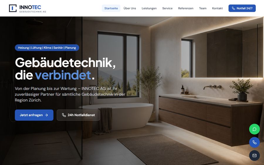 Startseite von innotec.ag mit der Überschrift «Gebäudetechnik, die verbindet.»