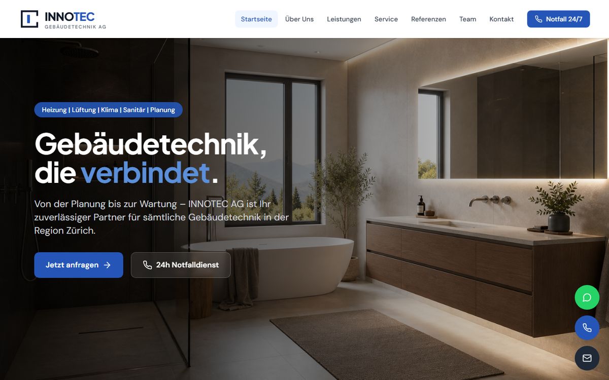 Startseite von innotec.ag mit der Überschrift «Gebäudetechnik, die verbindet.»