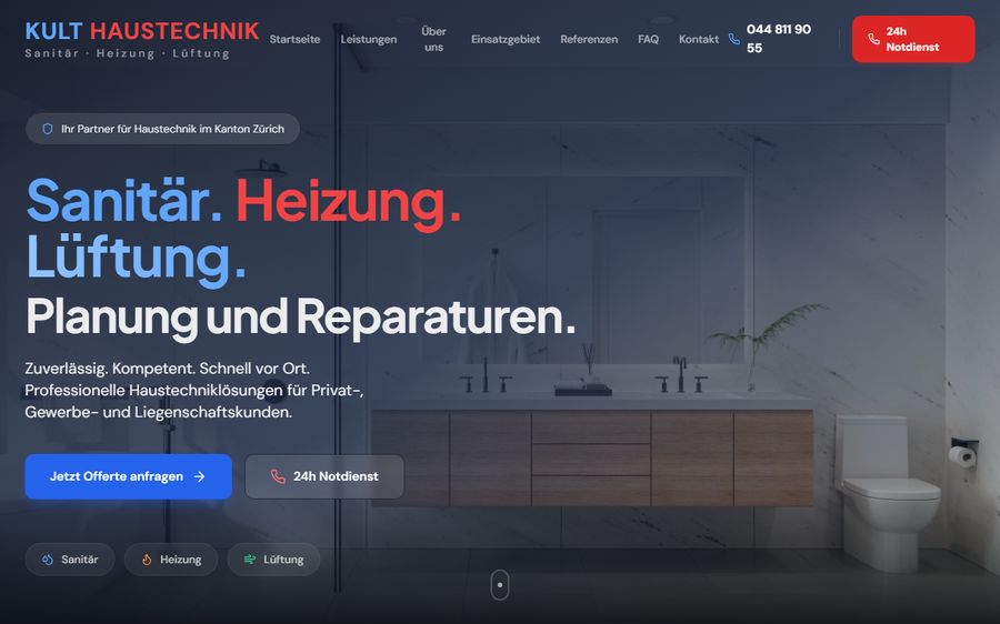 Startseite von kulthaustechnik.ch mit der Überschrift «Sanitär. Heizung. Lüftung.»