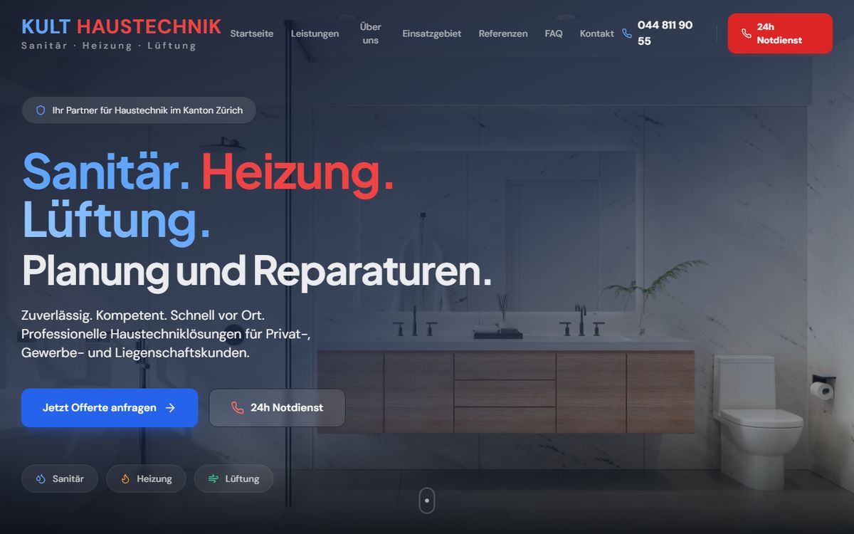 Startseite von kulthaustechnik.ch mit der Überschrift «Sanitär. Heizung. Lüftung.» und dem Knopf «24h Notdienst»