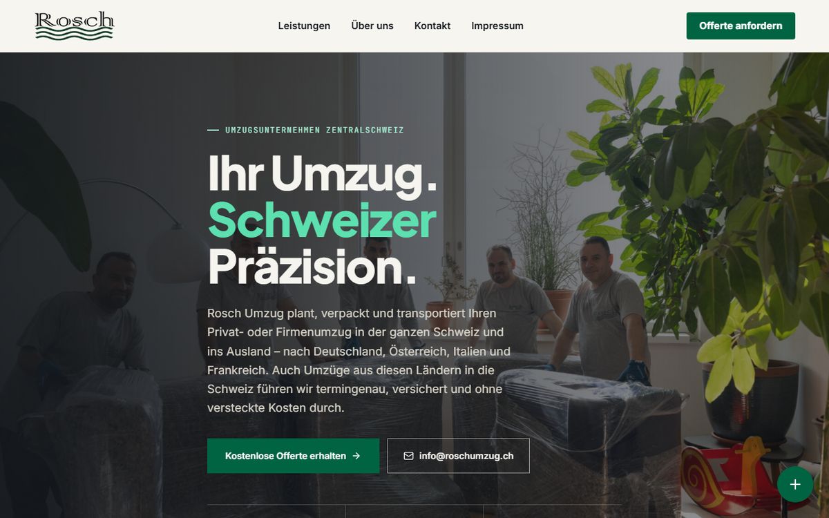 Startseite von roschumzug.ch mit der Überschrift «Ihr Umzug. Schweizer Präzision.»